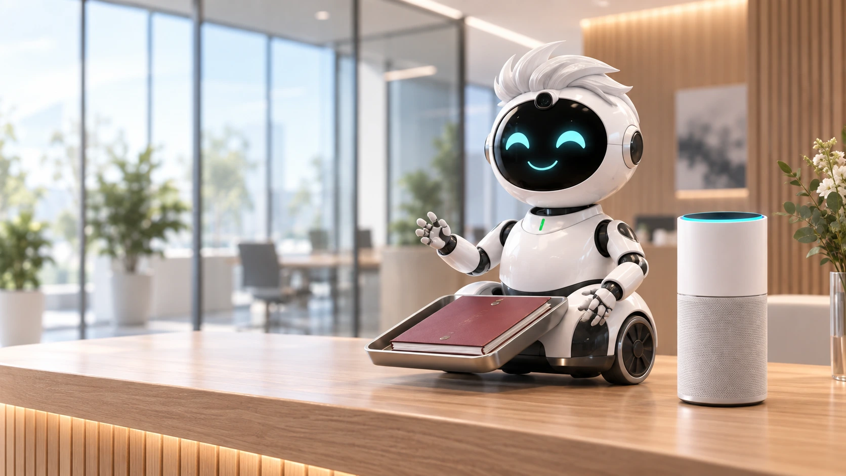 Konzeptdarstellung des TreuSys POD als Sprachschnittstelle im modernen Büro; der gezeigte Service-Bot ist eine spätere Zukunftsvision